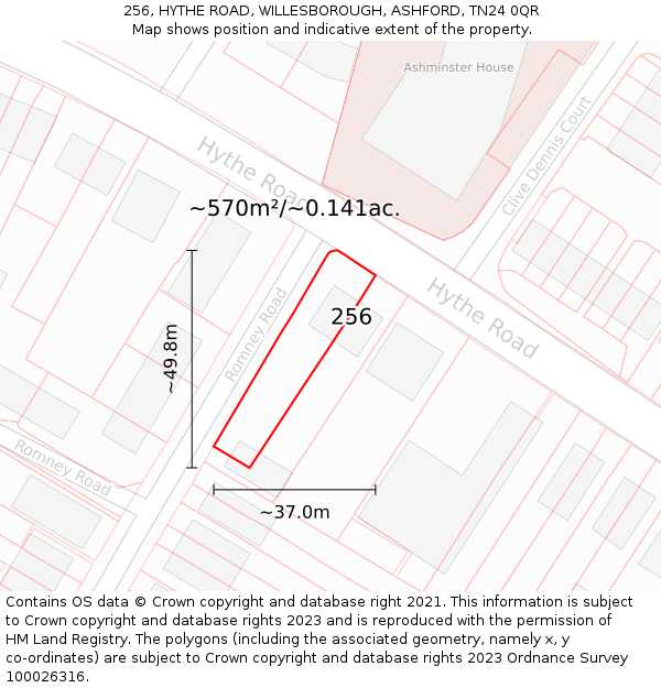 256, HYTHE ROAD, WILLESBOROUGH, ASHFORD, TN24 0QR: Plot and title map