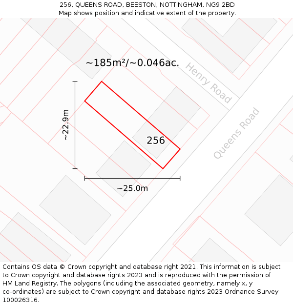 256, QUEENS ROAD, BEESTON, NOTTINGHAM, NG9 2BD: Plot and title map