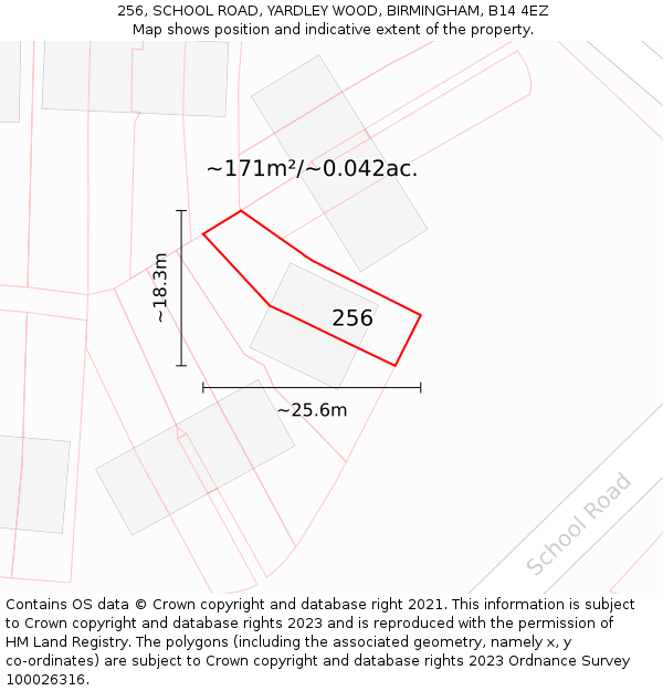 256, SCHOOL ROAD, YARDLEY WOOD, BIRMINGHAM, B14 4EZ: Plot and title map