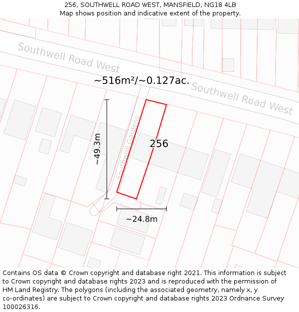256, SOUTHWELL ROAD WEST, MANSFIELD, NG18 4LB: Plot and title map