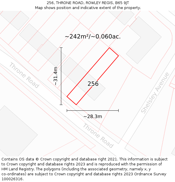 256, THRONE ROAD, ROWLEY REGIS, B65 9JT: Plot and title map