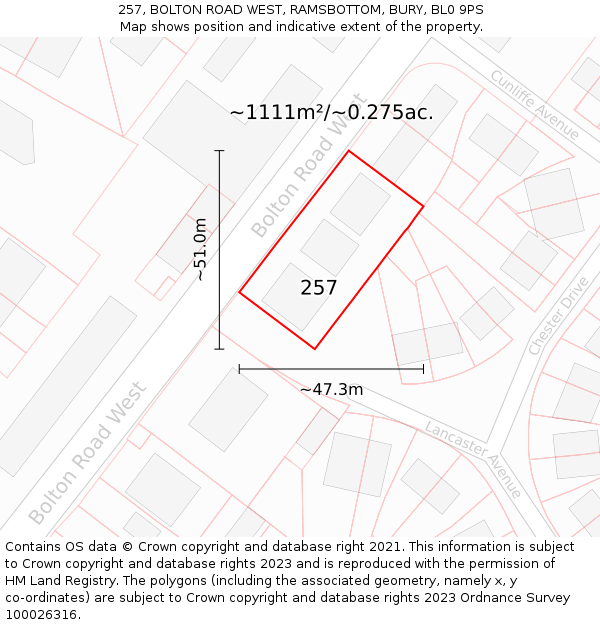 257, BOLTON ROAD WEST, RAMSBOTTOM, BURY, BL0 9PS: Plot and title map