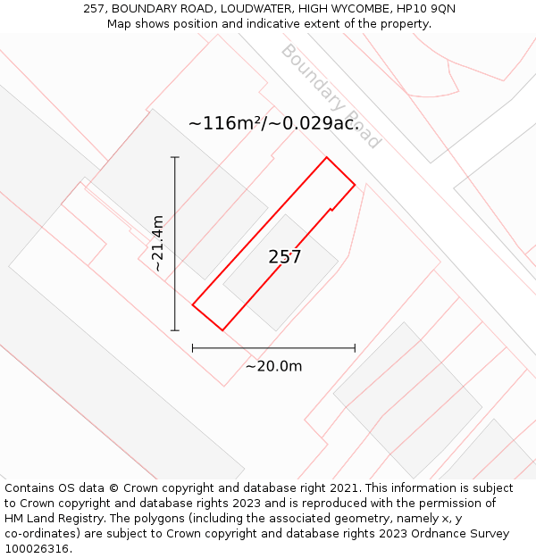 257, BOUNDARY ROAD, LOUDWATER, HIGH WYCOMBE, HP10 9QN: Plot and title map