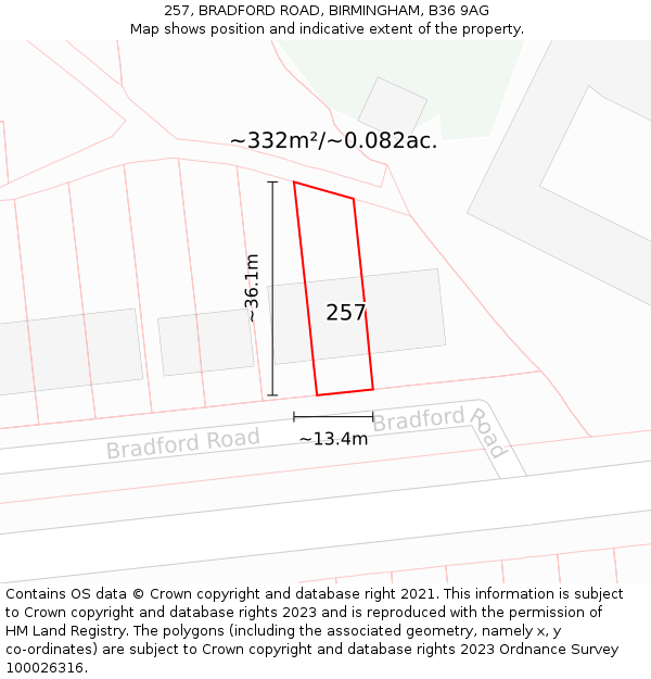 257, BRADFORD ROAD, BIRMINGHAM, B36 9AG: Plot and title map