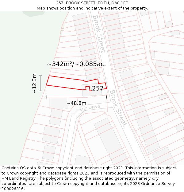257, BROOK STREET, ERITH, DA8 1EB: Plot and title map