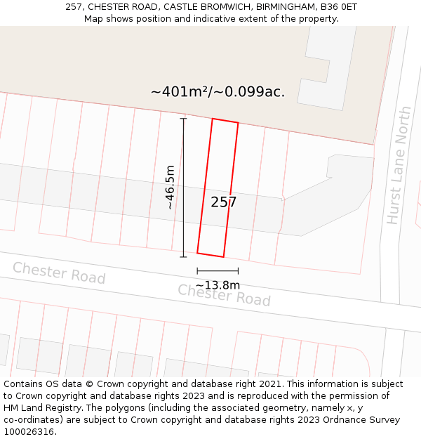 257, CHESTER ROAD, CASTLE BROMWICH, BIRMINGHAM, B36 0ET: Plot and title map
