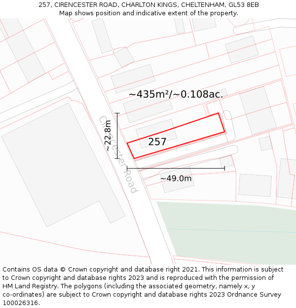 257, CIRENCESTER ROAD, CHARLTON KINGS, CHELTENHAM, GL53 8EB: Plot and title map