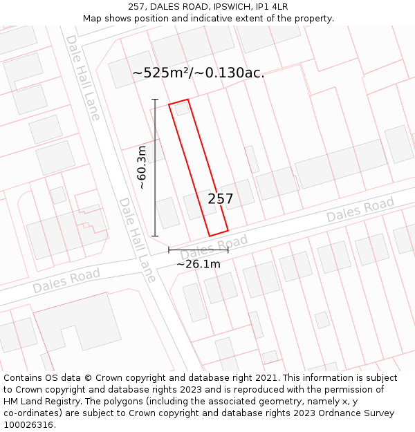 257, DALES ROAD, IPSWICH, IP1 4LR: Plot and title map