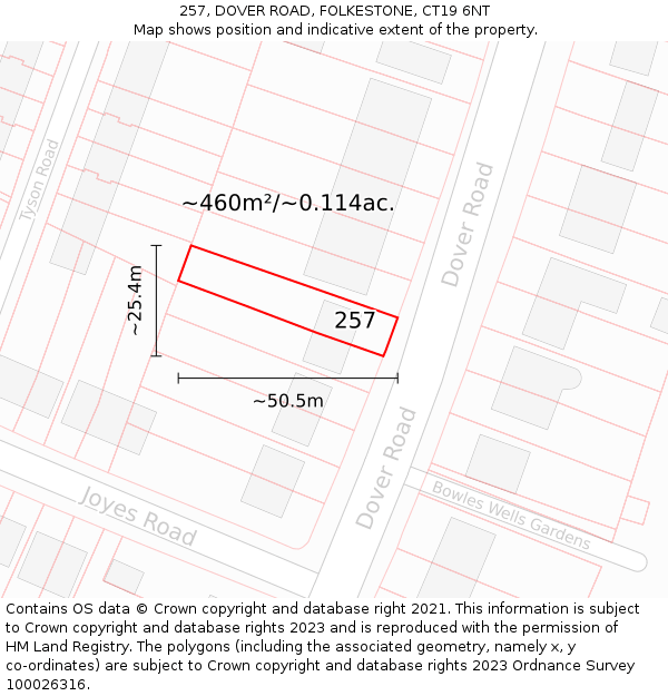 257, DOVER ROAD, FOLKESTONE, CT19 6NT: Plot and title map
