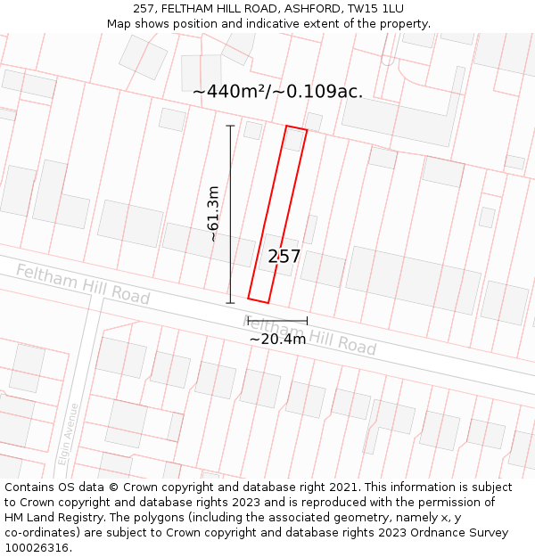 257, FELTHAM HILL ROAD, ASHFORD, TW15 1LU: Plot and title map
