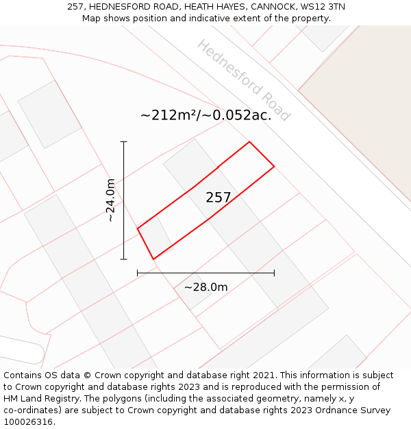 257, HEDNESFORD ROAD, HEATH HAYES, CANNOCK, WS12 3TN: Plot and title map