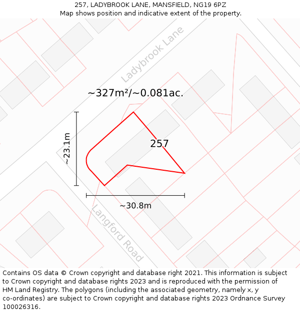 257, LADYBROOK LANE, MANSFIELD, NG19 6PZ: Plot and title map