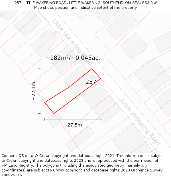 257, LITTLE WAKERING ROAD, LITTLE WAKERING, SOUTHEND-ON-SEA, SS3 0JW: Plot and title map