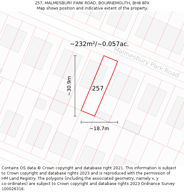 257, MALMESBURY PARK ROAD, BOURNEMOUTH, BH8 8PX: Plot and title map