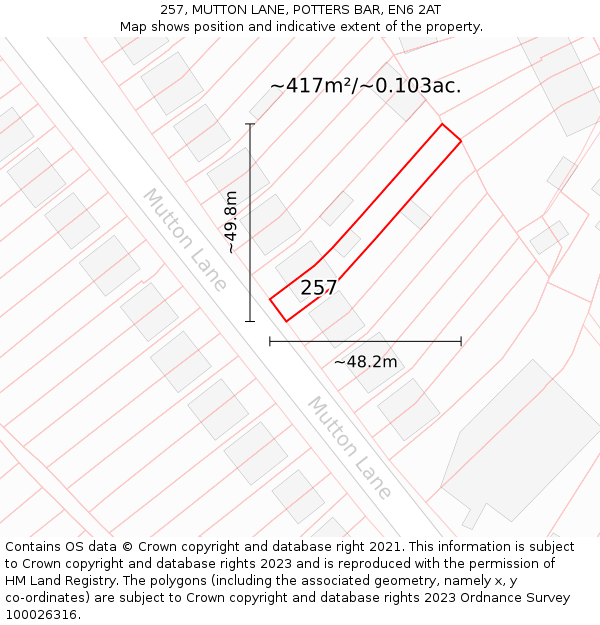 257, MUTTON LANE, POTTERS BAR, EN6 2AT: Plot and title map