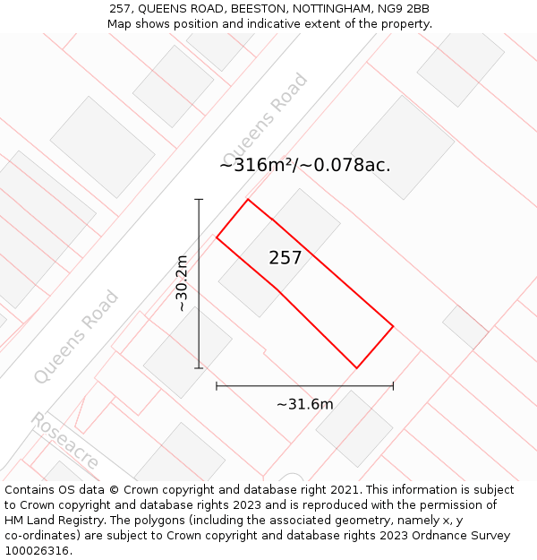 257, QUEENS ROAD, BEESTON, NOTTINGHAM, NG9 2BB: Plot and title map