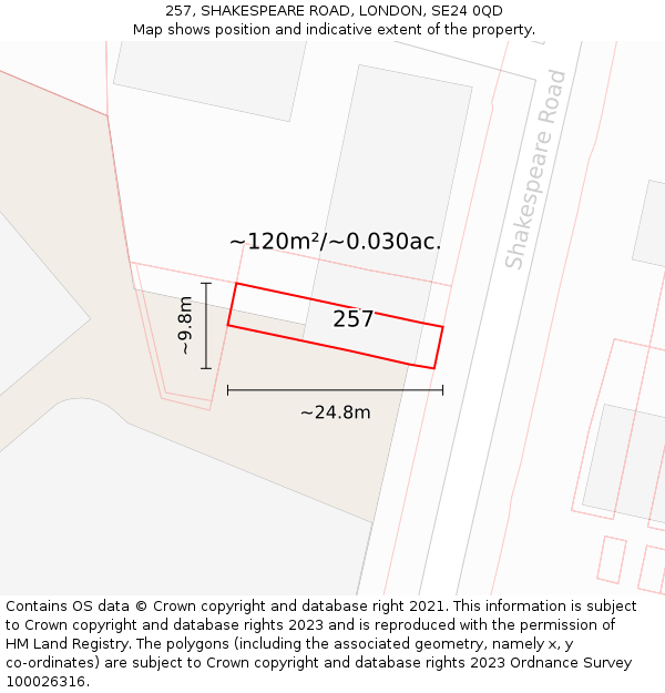 257, SHAKESPEARE ROAD, LONDON, SE24 0QD: Plot and title map