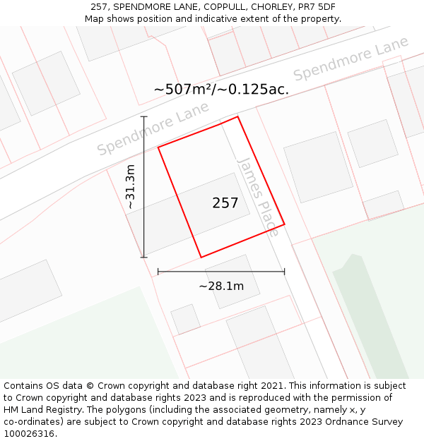 257, SPENDMORE LANE, COPPULL, CHORLEY, PR7 5DF: Plot and title map