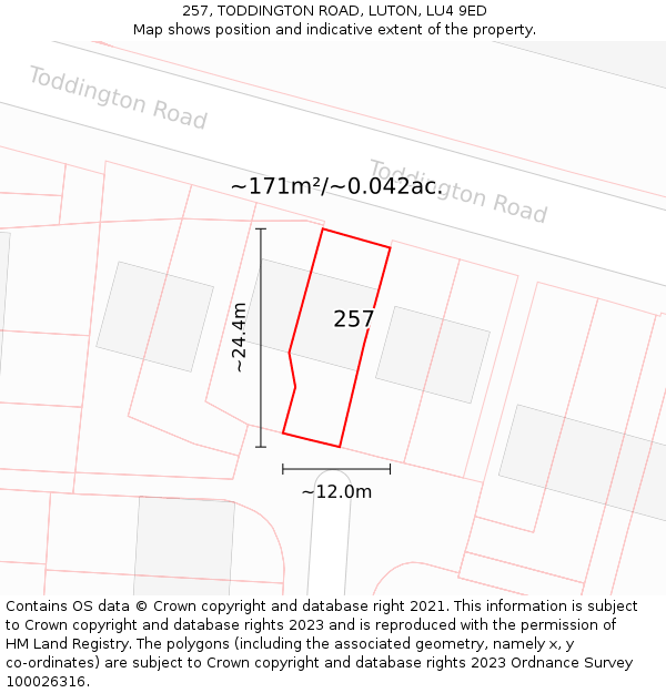 257, TODDINGTON ROAD, LUTON, LU4 9ED: Plot and title map