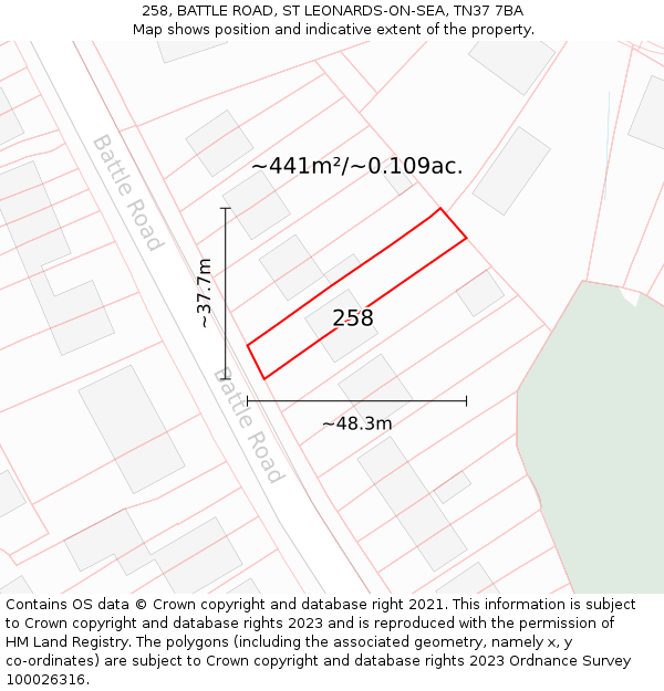 258, BATTLE ROAD, ST LEONARDS-ON-SEA, TN37 7BA: Plot and title map