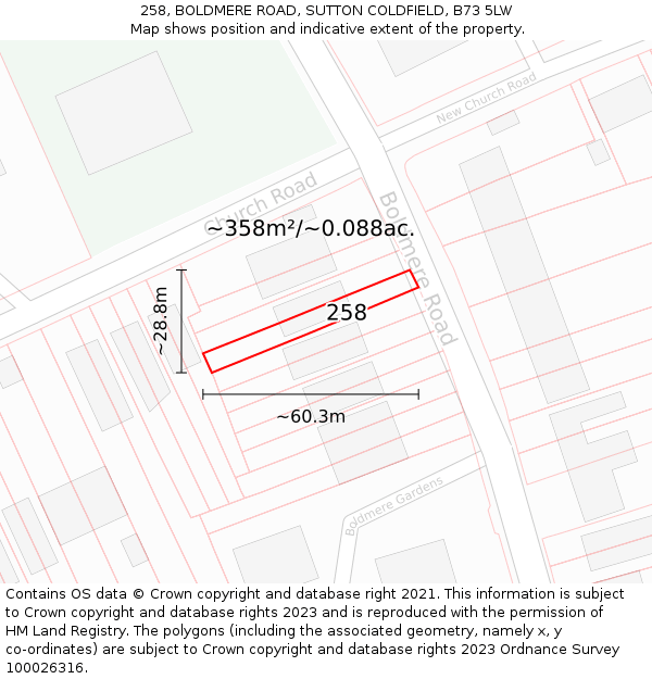 258, BOLDMERE ROAD, SUTTON COLDFIELD, B73 5LW: Plot and title map