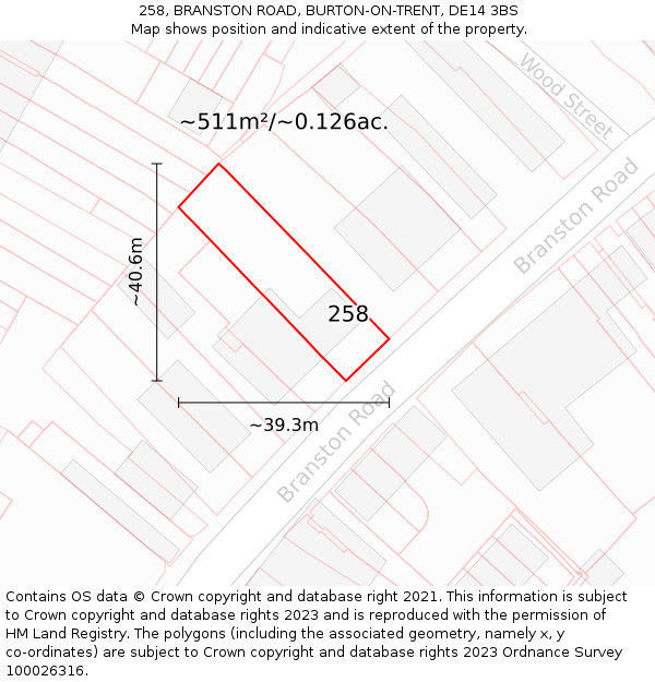 258, BRANSTON ROAD, BURTON-ON-TRENT, DE14 3BS: Plot and title map