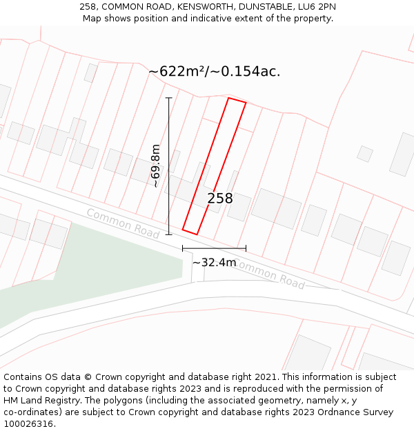 258, COMMON ROAD, KENSWORTH, DUNSTABLE, LU6 2PN: Plot and title map