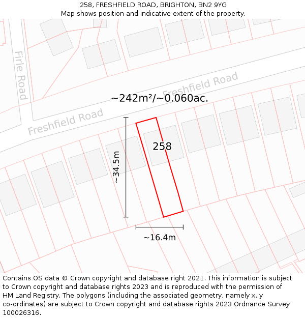 258, FRESHFIELD ROAD, BRIGHTON, BN2 9YG: Plot and title map