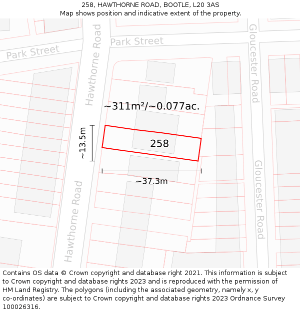 258, HAWTHORNE ROAD, BOOTLE, L20 3AS: Plot and title map