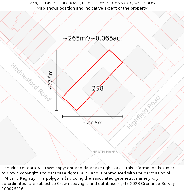 258, HEDNESFORD ROAD, HEATH HAYES, CANNOCK, WS12 3DS: Plot and title map