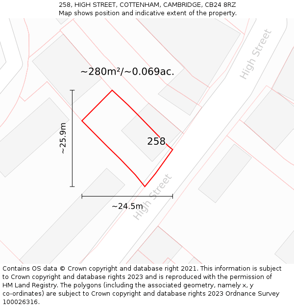 258, HIGH STREET, COTTENHAM, CAMBRIDGE, CB24 8RZ: Plot and title map