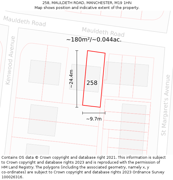 258, MAULDETH ROAD, MANCHESTER, M19 1HN: Plot and title map