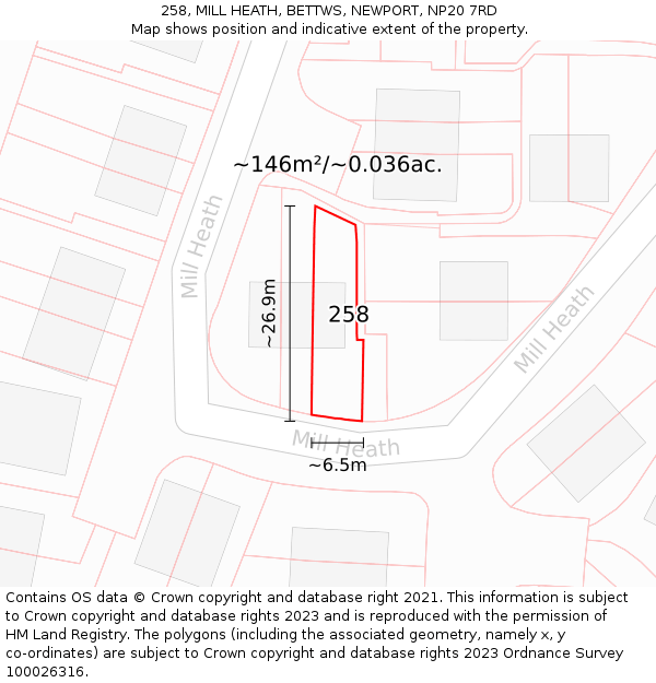 258, MILL HEATH, BETTWS, NEWPORT, NP20 7RD: Plot and title map