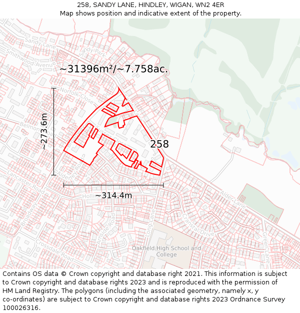 258, SANDY LANE, HINDLEY, WIGAN, WN2 4ER: Plot and title map