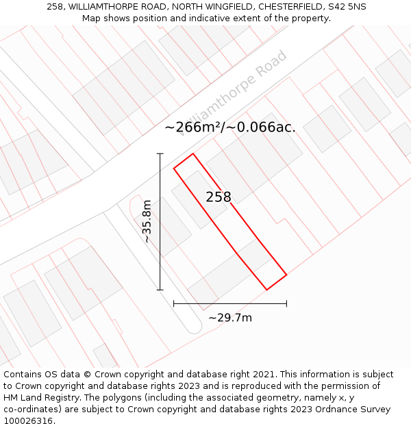 258, WILLIAMTHORPE ROAD, NORTH WINGFIELD, CHESTERFIELD, S42 5NS: Plot and title map