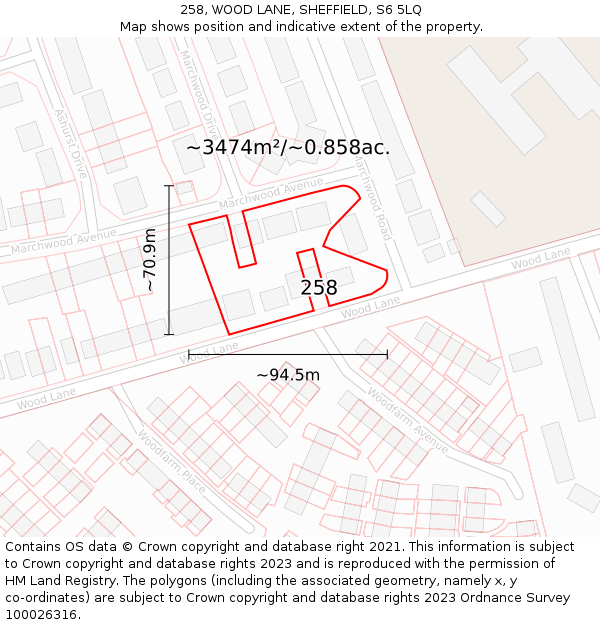 258, WOOD LANE, SHEFFIELD, S6 5LQ: Plot and title map