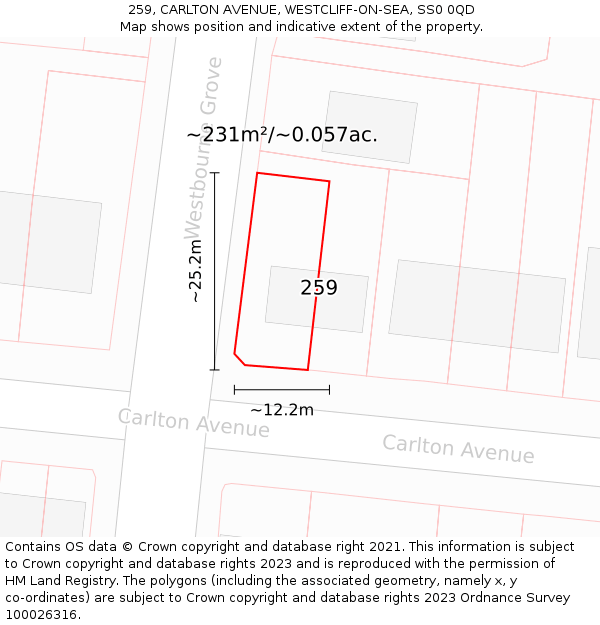 259, CARLTON AVENUE, WESTCLIFF-ON-SEA, SS0 0QD: Plot and title map
