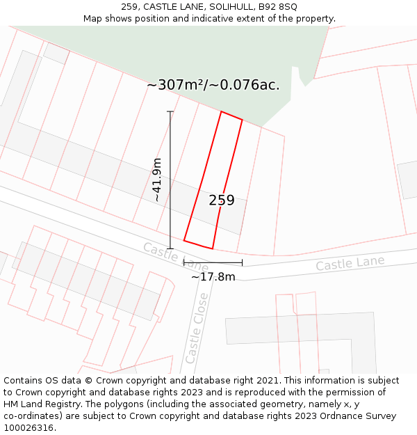 259, CASTLE LANE, SOLIHULL, B92 8SQ: Plot and title map