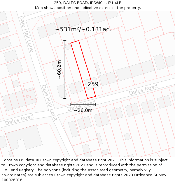 259, DALES ROAD, IPSWICH, IP1 4LR: Plot and title map