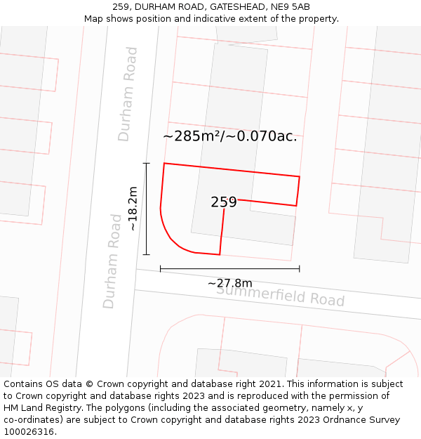 259, DURHAM ROAD, GATESHEAD, NE9 5AB: Plot and title map
