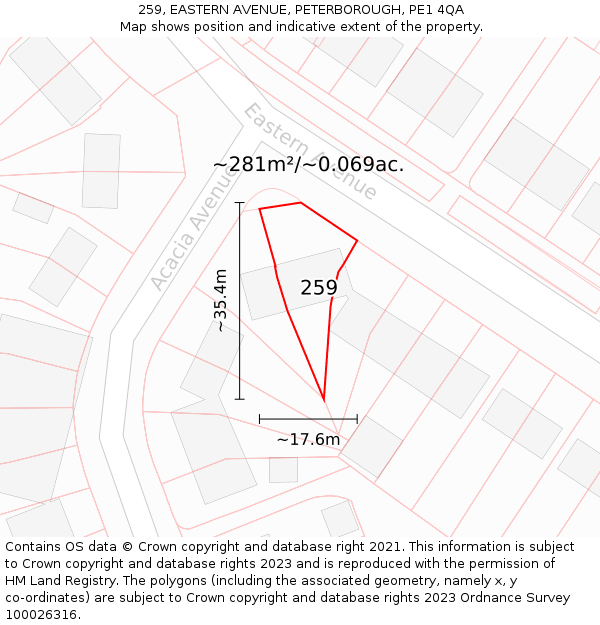 259, EASTERN AVENUE, PETERBOROUGH, PE1 4QA: Plot and title map