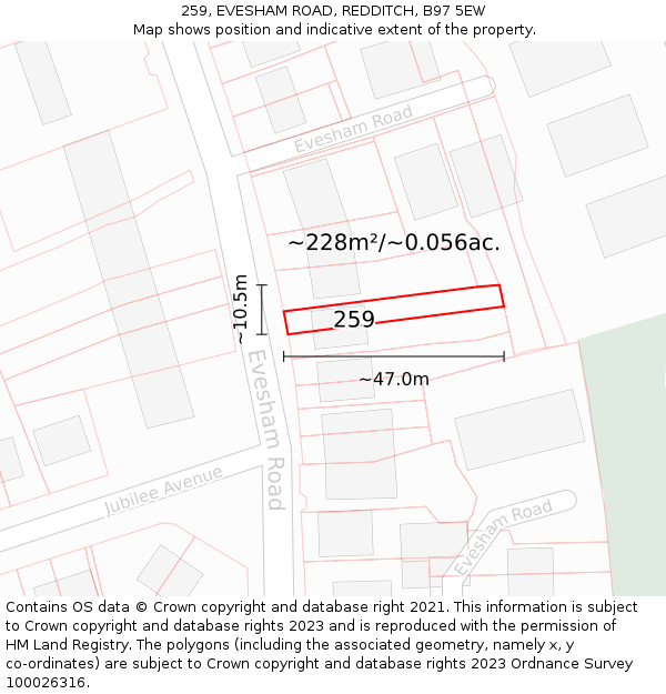 259, EVESHAM ROAD, REDDITCH, B97 5EW: Plot and title map