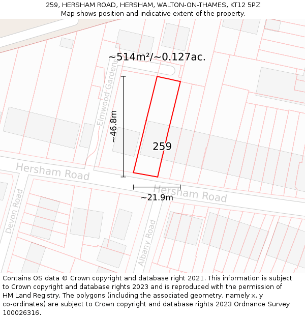 259, HERSHAM ROAD, HERSHAM, WALTON-ON-THAMES, KT12 5PZ: Plot and title map