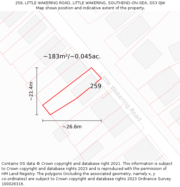 259, LITTLE WAKERING ROAD, LITTLE WAKERING, SOUTHEND-ON-SEA, SS3 0JW: Plot and title map