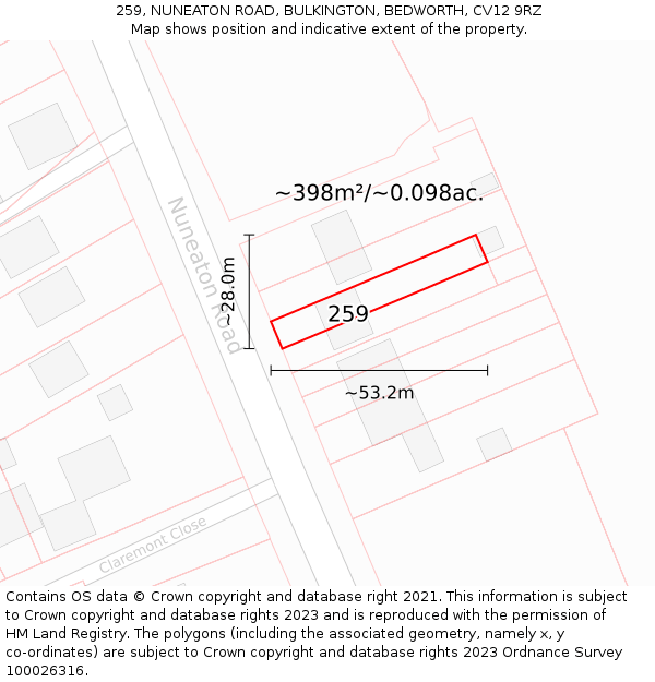 259, NUNEATON ROAD, BULKINGTON, BEDWORTH, CV12 9RZ: Plot and title map