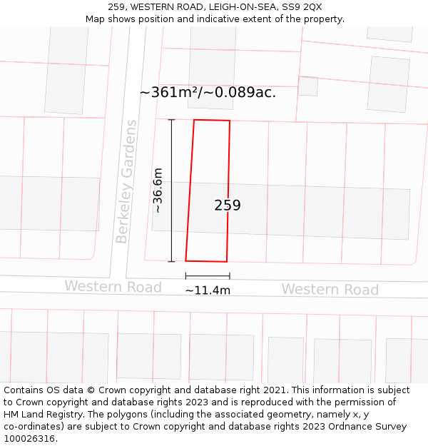 259, WESTERN ROAD, LEIGH-ON-SEA, SS9 2QX: Plot and title map