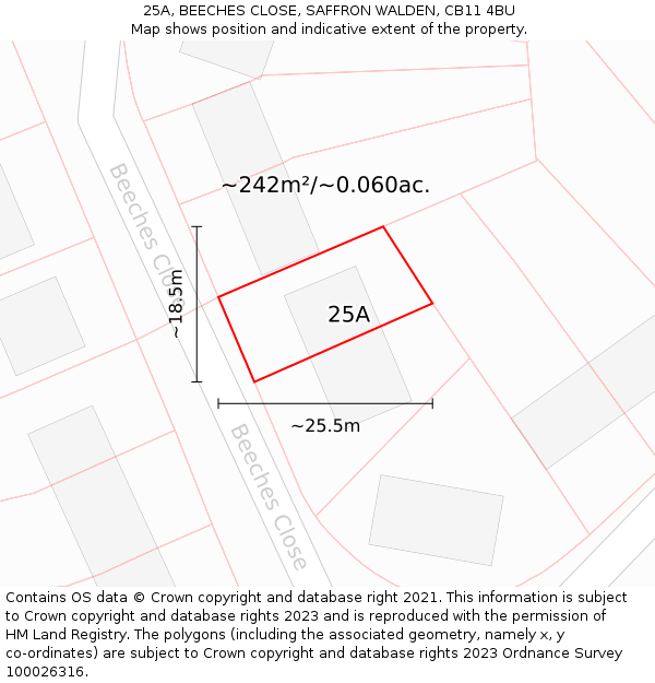 25A, BEECHES CLOSE, SAFFRON WALDEN, CB11 4BU: Plot and title map