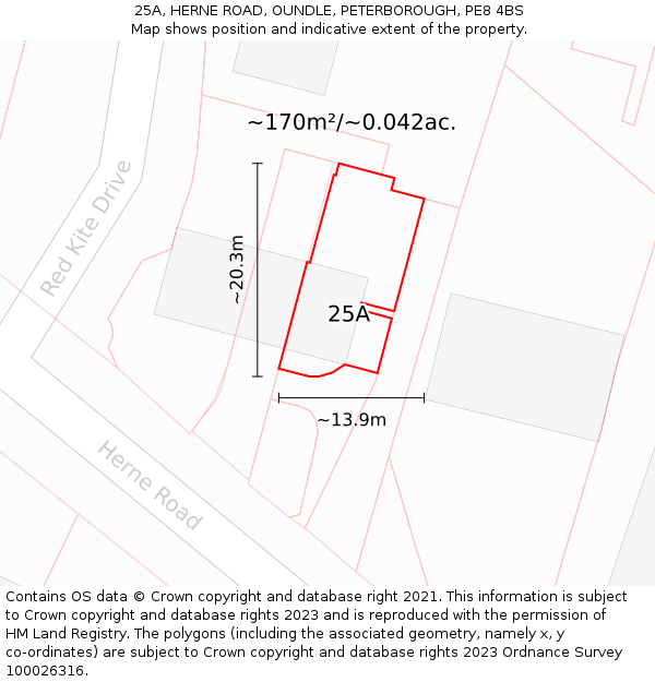25A, HERNE ROAD, OUNDLE, PETERBOROUGH, PE8 4BS: Plot and title map