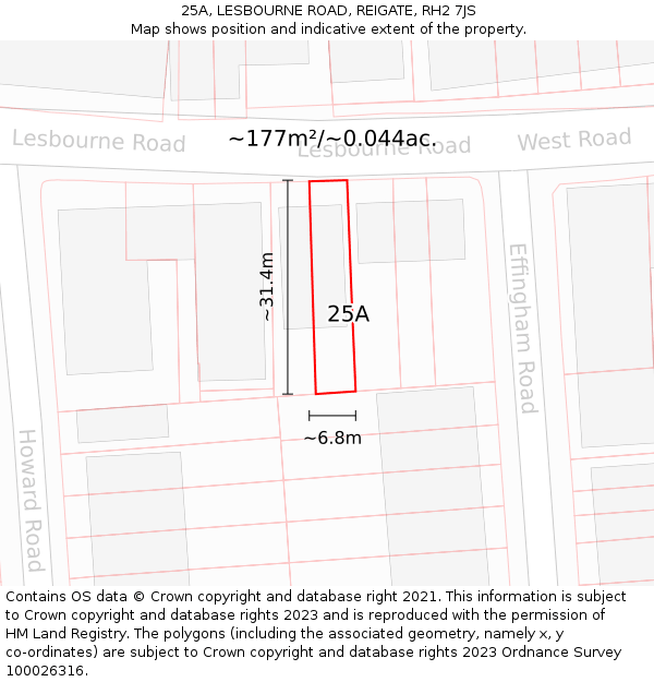 25A, LESBOURNE ROAD, REIGATE, RH2 7JS: Plot and title map