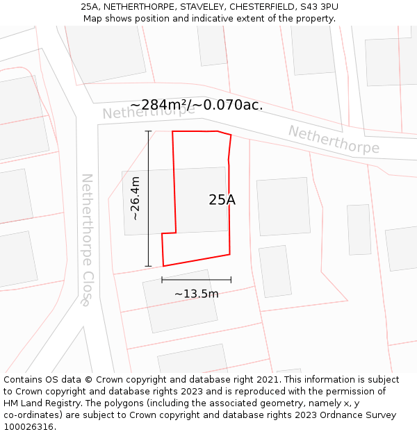 25A, NETHERTHORPE, STAVELEY, CHESTERFIELD, S43 3PU: Plot and title map